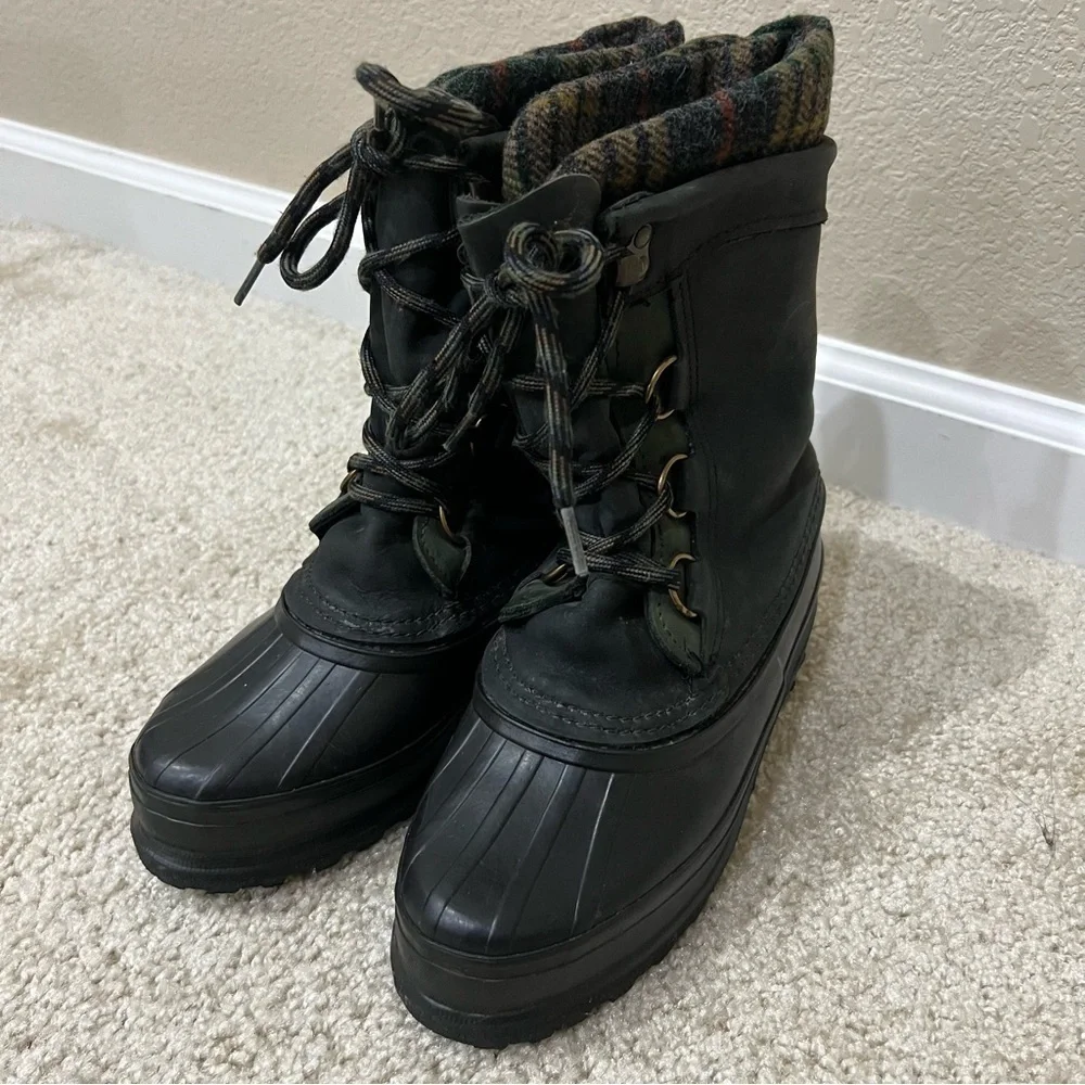 Sorel Women Lace Up Mid Calf Winter Snow Boots Green Plaid Suede Rubber Size 6,